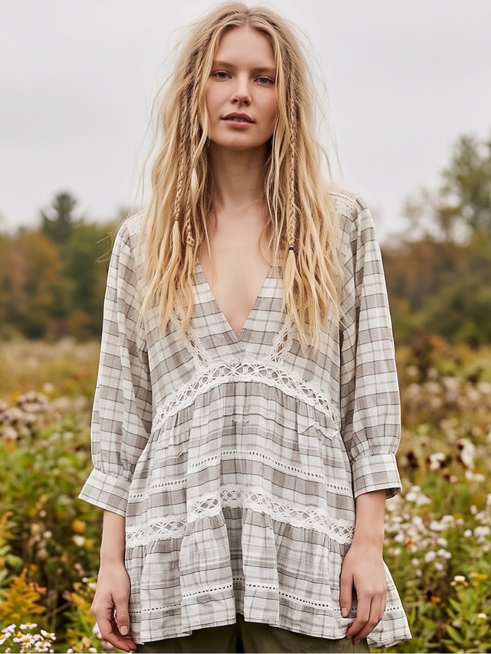Free People Ethereal Dainty Prairie Plaid Lace Tunic Top XS Western Bohemian